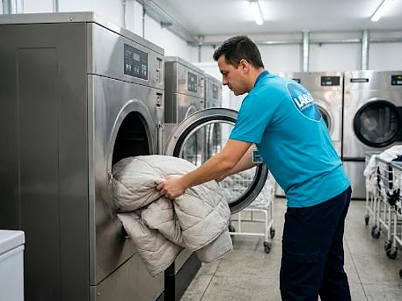 Funcionário da Lave & Loc colocando um edredom na máquina de lavar industrial