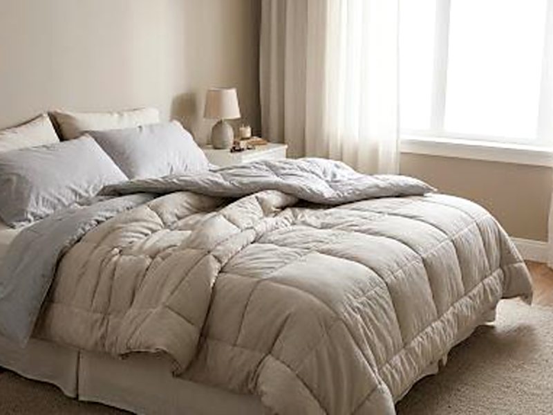 Cama de casal com edredom matelassê bege grande e fofinho em quarto claro